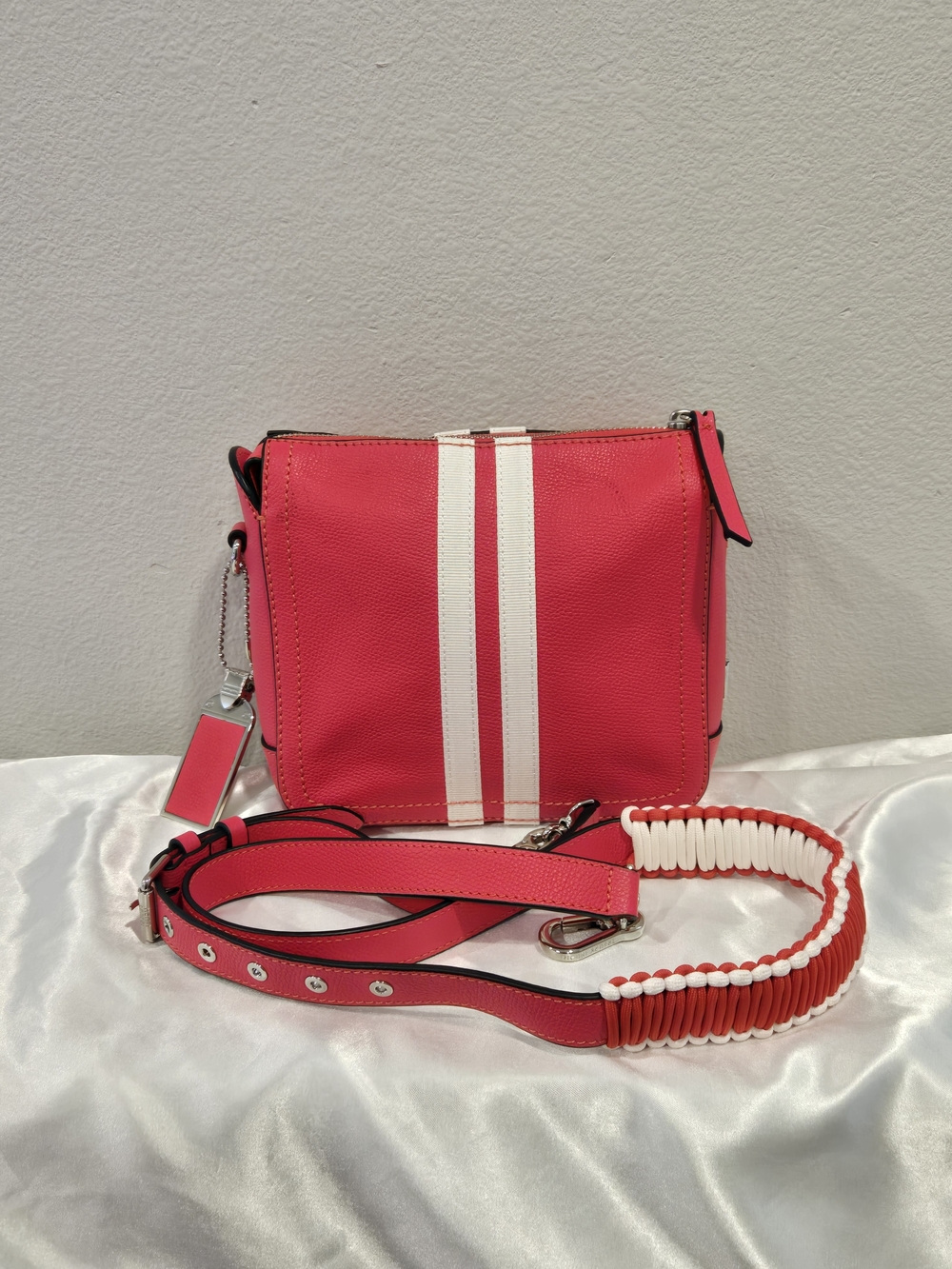 Henri Bendel Hot Pink Pebbled Leather Crossbody with White Racing Stripes